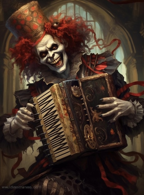 Klaun grający na akordeonie w ciemnym pokoju.
