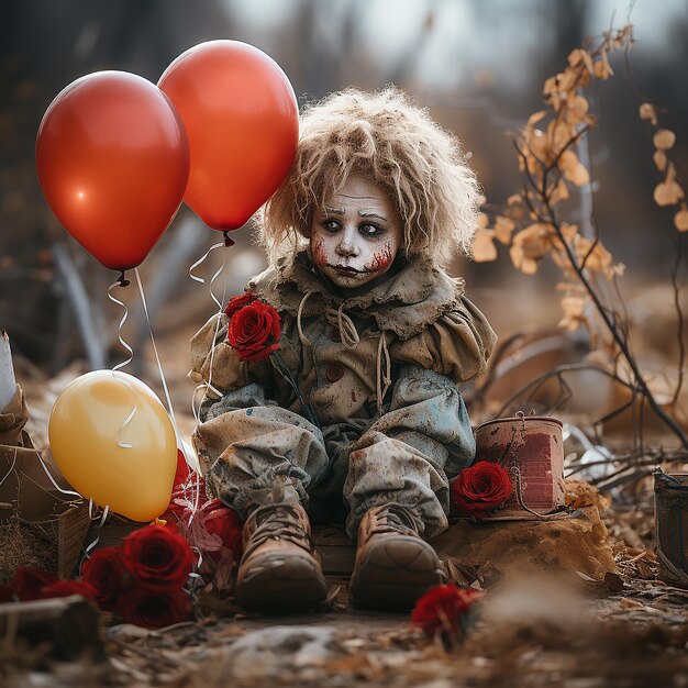 Zdjęcie klaun siedzi z balonami i kwiatami.