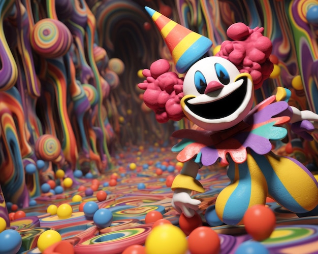 klaun stoi przed kolorowymi kulkami cukierków