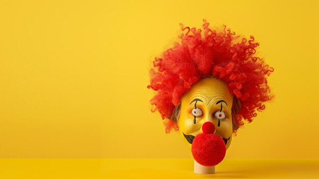 Zdjęcie klaun z czerwoną peruką na twarzy i czerwoną paruką na żółtym tle
