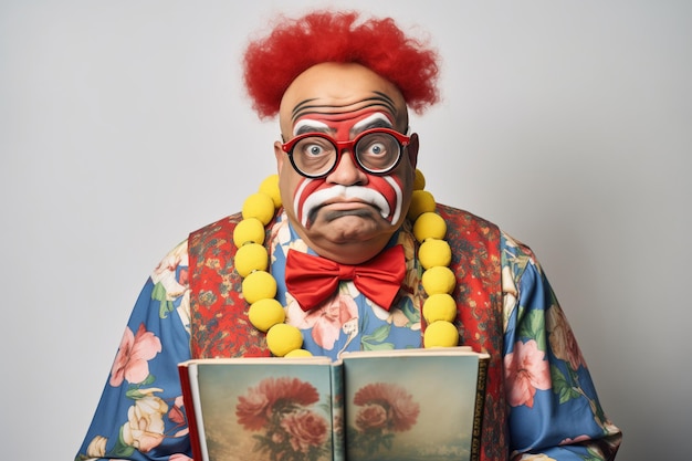 Zdjęcie klaun z nadmiernie dużymi okularami i książką