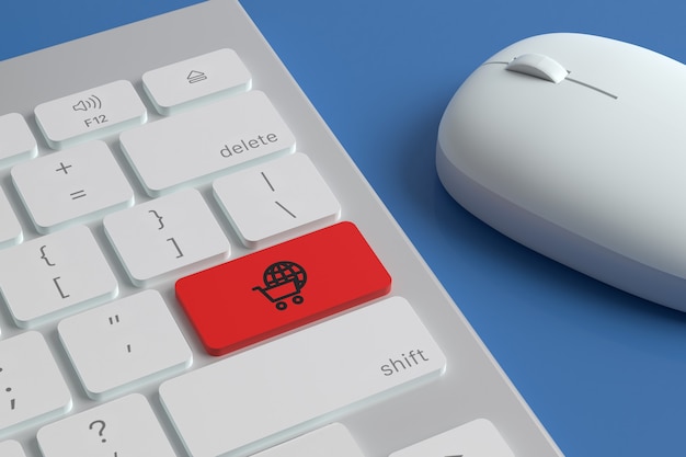 Klawiatura komputerowa z ikoną „e-commerce” na klawiszu obok myszy.