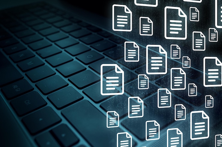 Zdjęcie klawiatura laptopa z systemem zarządzania dokumentami koncepcja dms automatyzacja procesów