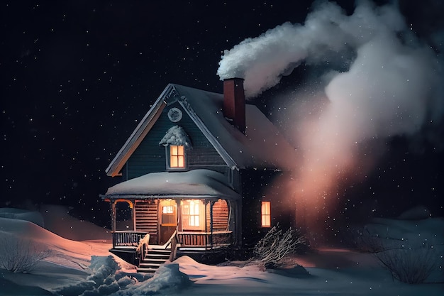 Kłęby dymu unoszące się z komina przytulnego domu w śnieżną noc