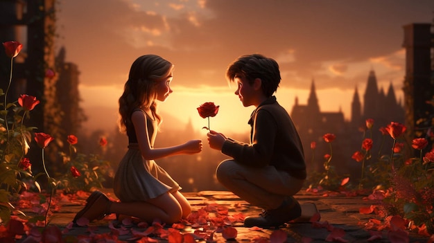 Zdjęcie klęczący chłopak oświadcza się swojej dziewczynie. w dłoni trzyma czerwoną różę