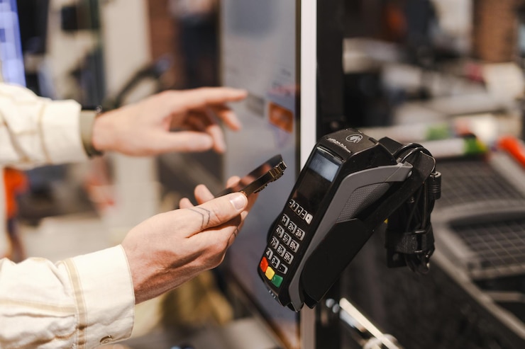 Zdjęcie klient używający technologii nfc na smartfonie do płacenia za artykuły spożywcze