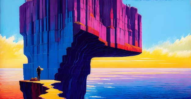 Klif patrząc na góry widok z niebem oceany sztuka cyfrowa styl ilustracja płótno sztuczna inteligencja natura na baner tło plakaty reklamy tapety szablony