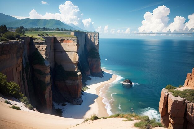 Klif z plażą i oceanem w tle.