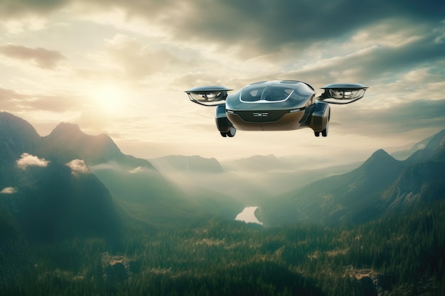 Klimatyczna scena przedstawiająca futurystyczny latający samochód szybujący po niebie Generacyjna sztuczna inteligencja