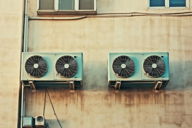 Klimatyzatory na ścianie budynku na świeżym powietrzu Klimatyzaty zewnętrzne wiszące na ścianie