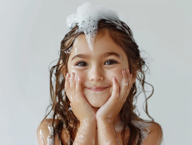 Klinika pielęgnacji skóry urocza biała dziewczynka pozująca do mycia twarzy