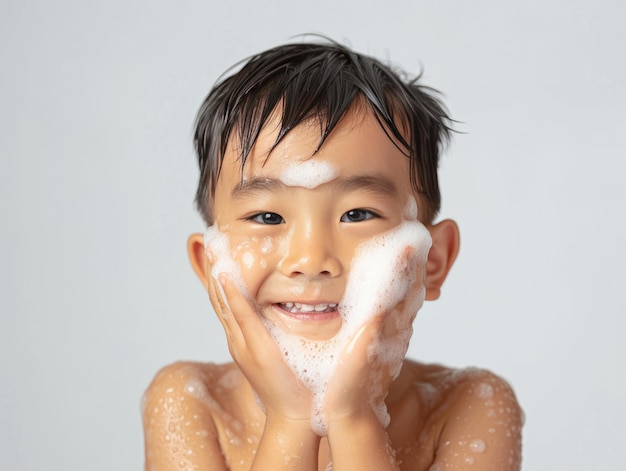 Klinika pielęgnacji skóry uroczy azjatycki chłopiec pozujący do mycia twarzy