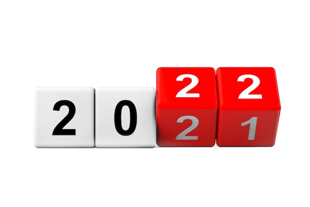 Klocki z przejściem z roku 2021 na 2022 na białym tle. Renderowanie 3D