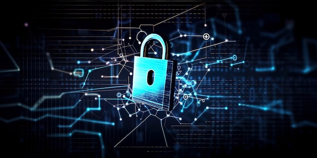 Kłódka nad grafiką reprezentującą bezpieczeństwo cybernetyczne w Internecie i kradzież danych Generative AI
