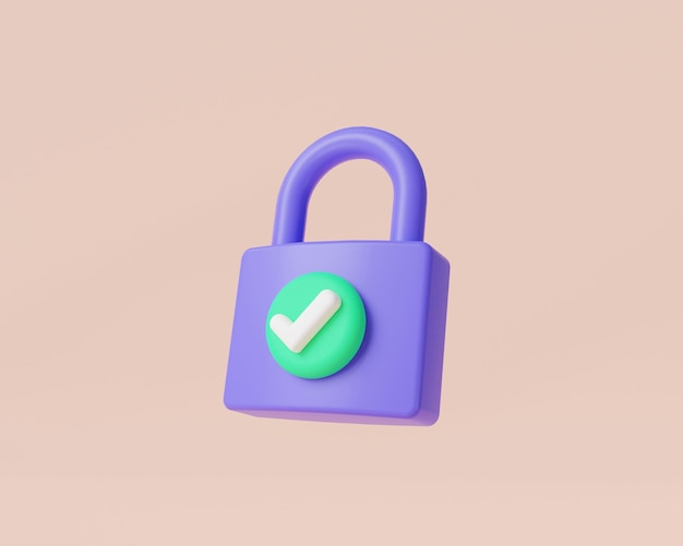 Kłódka z ikoną znacznika wyboru minimalny styl izolowany na różowym tle Blokada Zablokowana kłódka ograniczony dostęp ochrona dziurki od klucza prywatność bezpieczeństwo Koncepcja bezpieczeństwa 3D ilustracja kreskówka renderowania