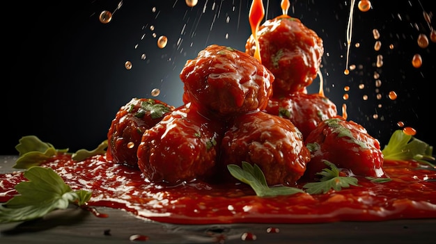 Zdjęcie klopsiki z roztopionym sosem pomidorowym na misce z czarnym tłem i rozmyciem