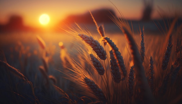 Kłosy pszenicy w polu zachód słońca Generative AI