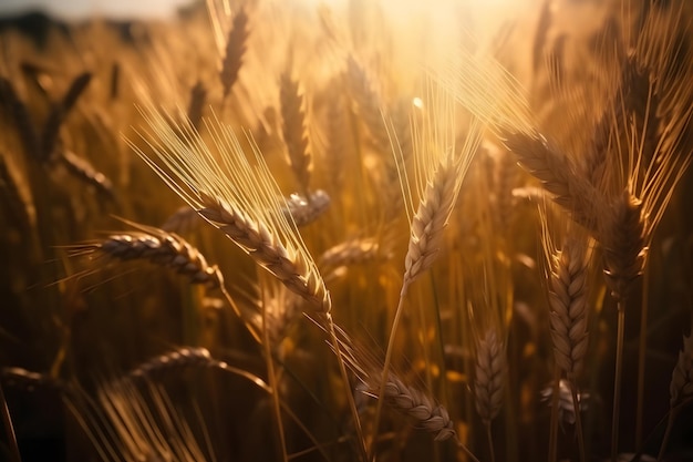 Kłosy pszenicy złotej o zachodzie słońca Tło dojrzewających kłosów pola pszenicy Koncepcja bogatych zbiorów