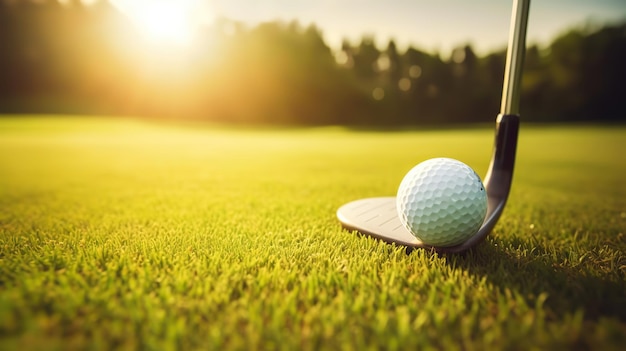 Klub golfowy i piłeczka golfowa na tle zielonej trawy Niewyraźne tło Sport na świeżym powietrzu Generacyjna sztuczna inteligencja