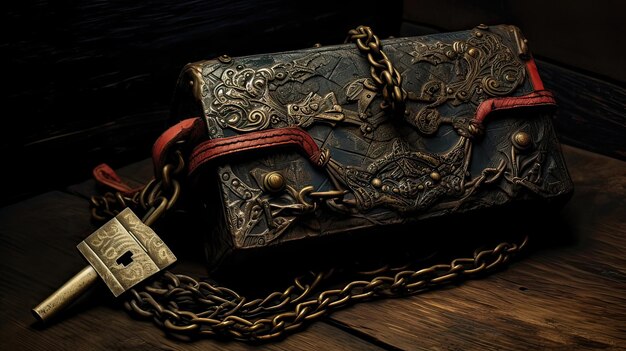 Klucz do skrzyni skarbów zdobiący skórzany pas pirata Emblemat pirata do eksploracji morskiej Klucz do legend, dziedzictwo korsarzy Wygenerowane przez sztuczną inteligencję