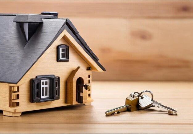Zdjęcie klucze do domu z modelem domu na stole