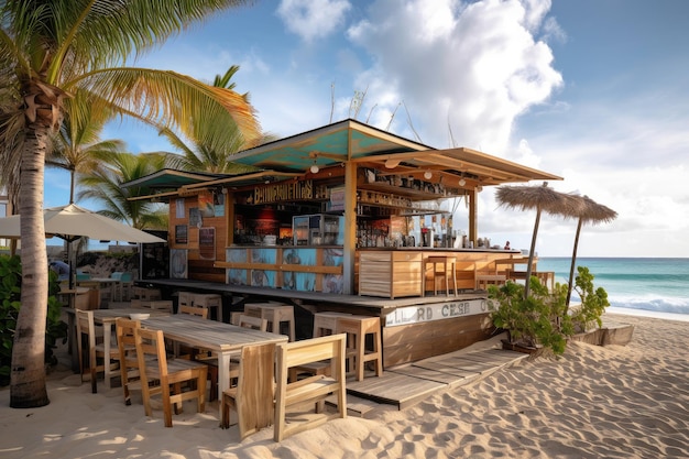 Knajpka przy plaży z menu ze świeżymi owocami morza i tropikalnymi koktajlami