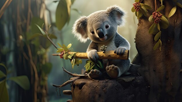 Zdjęcie koala siedząca na gałęzi drzewa tworząca własną linię zabawek hyper real hd 4k