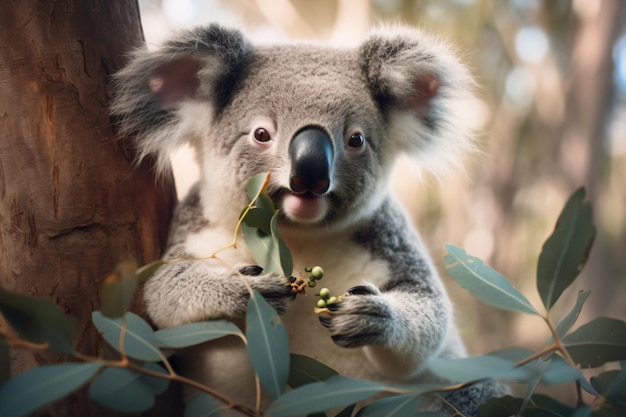 Koala siedzi na drzewie i je liście