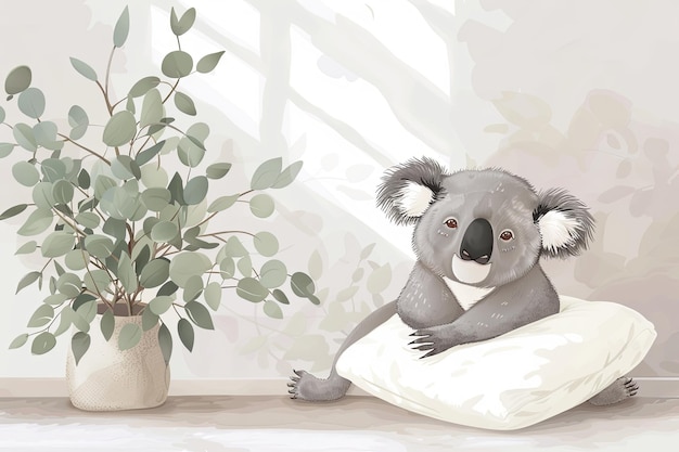 Koala siedzi na poduszce obok rośliny w garnku