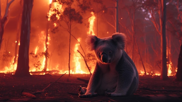 Zdjęcie koala siedzi na ziemi z pożarem lasu w tle