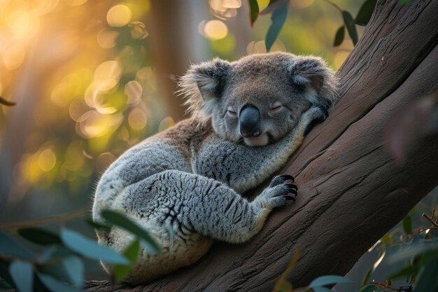 Koala śpi na gałęzi drzewa.