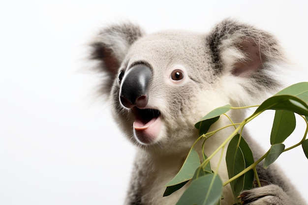 Zdjęcie koala trzyma gałąź drzewa.