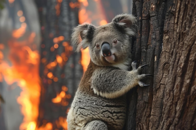 Koala trzyma się drzewa podczas pożaru lasu w Australii