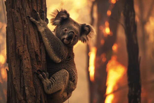 Koala trzyma się drzewa podczas pożaru lasu w Australii