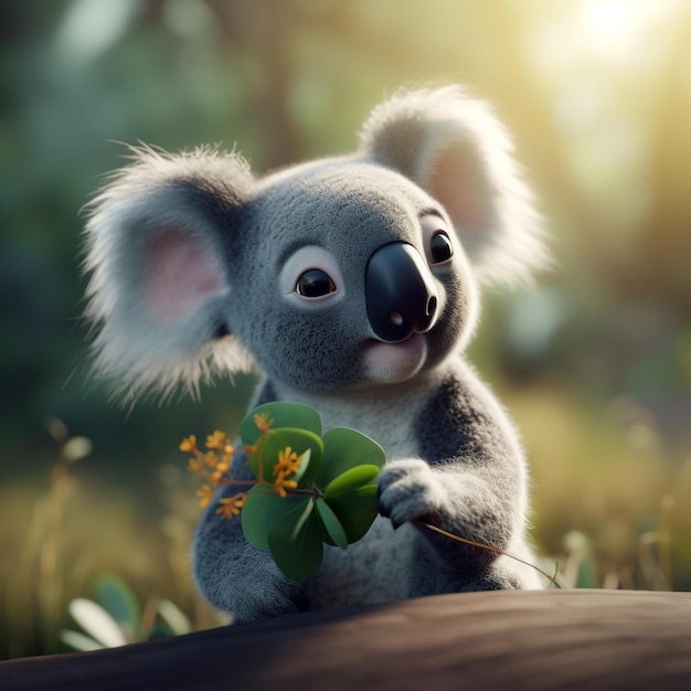 Koala z liściem z napisem koala