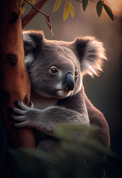 Koala ze spokojnym wyrazem twarzy zatopiona w myślach, gdy spoczywa na drzewie generatywnym ai