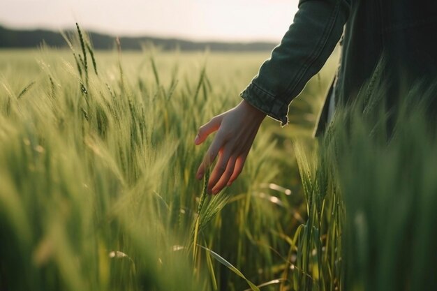 Kobieca dłoń dotykająca roślin na polu stworzona za pomocą generatywnej sztucznej inteligencji