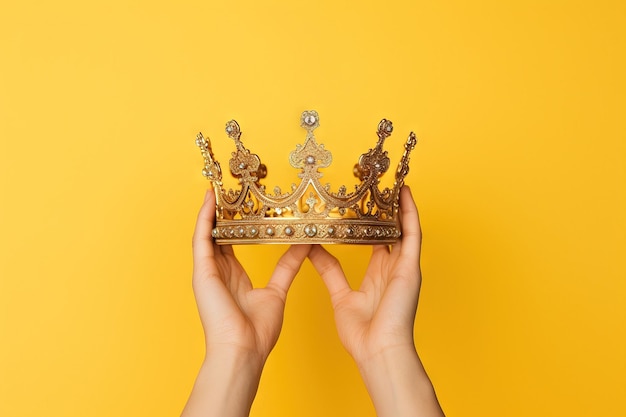 Kobieca dłoń trzyma złotą koronę na jasnożółtym tle Generacyjna AI