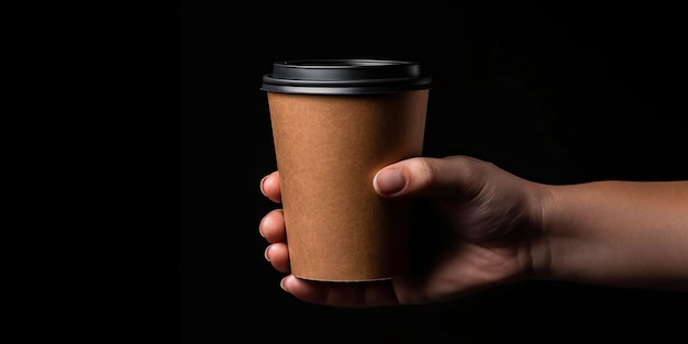 Kobieca dłoń trzymająca brązowy papierowy kubek do kawy na czarnym tle Generatywna sztuczna inteligencja