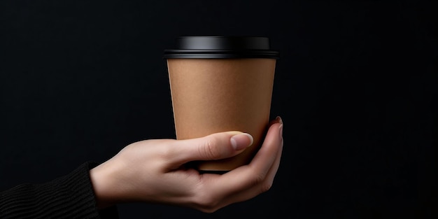 Kobieca dłoń trzymająca brązowy papierowy kubek do kawy na czarnym tle Generatywna sztuczna inteligencja