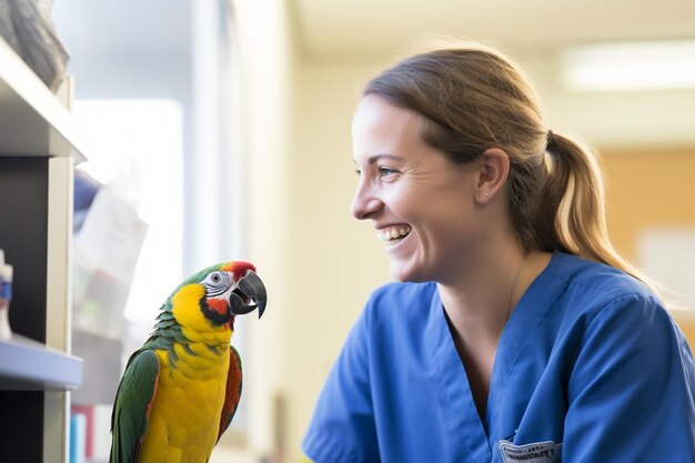 Zdjęcie kobieca egzotyczna zwierzęta weterynarii uśmiecha się do papugi bokeh stylu tła
