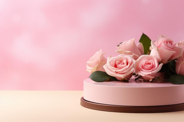 Kobieca elegancja prezentująca produkty, prezenty i kosmetyki na pustym podium ozdobionym różowym Ro