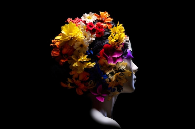 Kobieca głowa dnia zdrowia psychicznego wykonana z kolorowych kwiatów Fikcyjna osoba stworzona za pomocą generatywnej sztucznej inteligencji