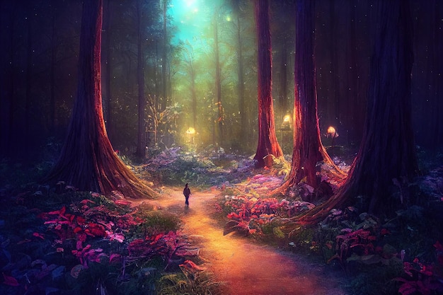 Kobieca postać w zaczarowanym lesie nocą kobieta zagubiona w bajkowym magicznym ogrodzie stare wysokie drzewo i fl