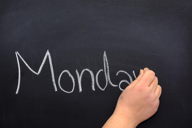 Kobieca ręka pisząca dzień tygodnia na tablicy białą kredą Poniedziałek
