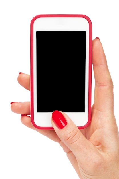 Zdjęcie kobieca ręka trzymająca smartfon na białym tle