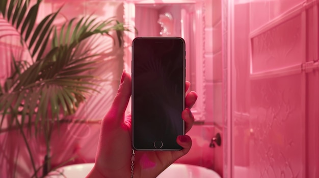 kobieca ręka trzymająca smartfon na różowym tle