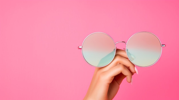 kobieca ręka w stylowych okularach przeciwsłonecznych na różowym tle