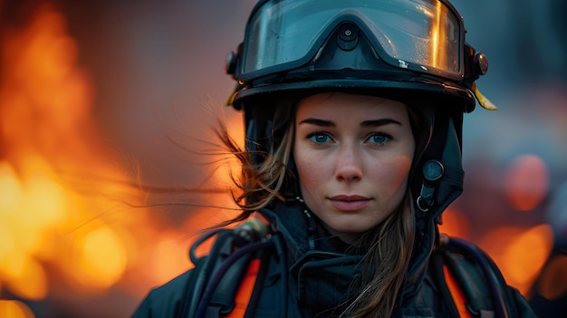 kobieca strażak przed ogniem skoncentrowana profesjonalna przestrzeń do kopiowania zdjęć Koncepcja kobiecy strażak z tłem ognia profesjonalny przestrzeń kopiowania portretów