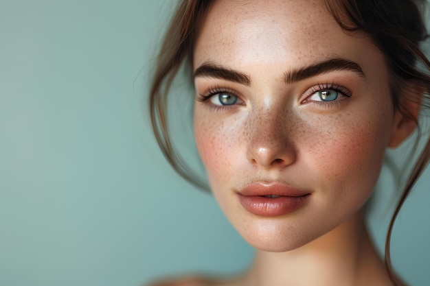 Kobieca twarz z brązowymi piegami i niebieskimi oczami